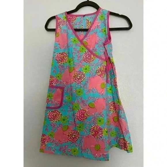 Lilly Pulitzer Dress Girls Size 10 Pink Blue Wrap Elephant Print Floral Sleevele - Picture 3 of 5